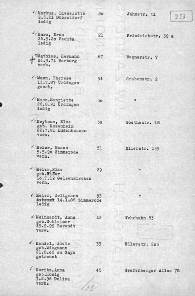Liste für die Deportation von Düsseldorf ins Ghetto Minsk (Auszug), 10. November 1941 (Landesarchiv NRW Abteilung Rheinland), Repro: Martin Emrich, Büro für Design, Lemgo.