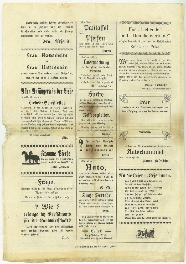 Der "Inseratenteil" der Hochzeitszeitung folgt dem Vorbild der "Lippischen Post".