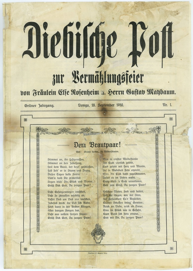 "Diebische Post", Titelseite der Hochzeitszeitung für Else Rosenheim und Gustav Maybaum.